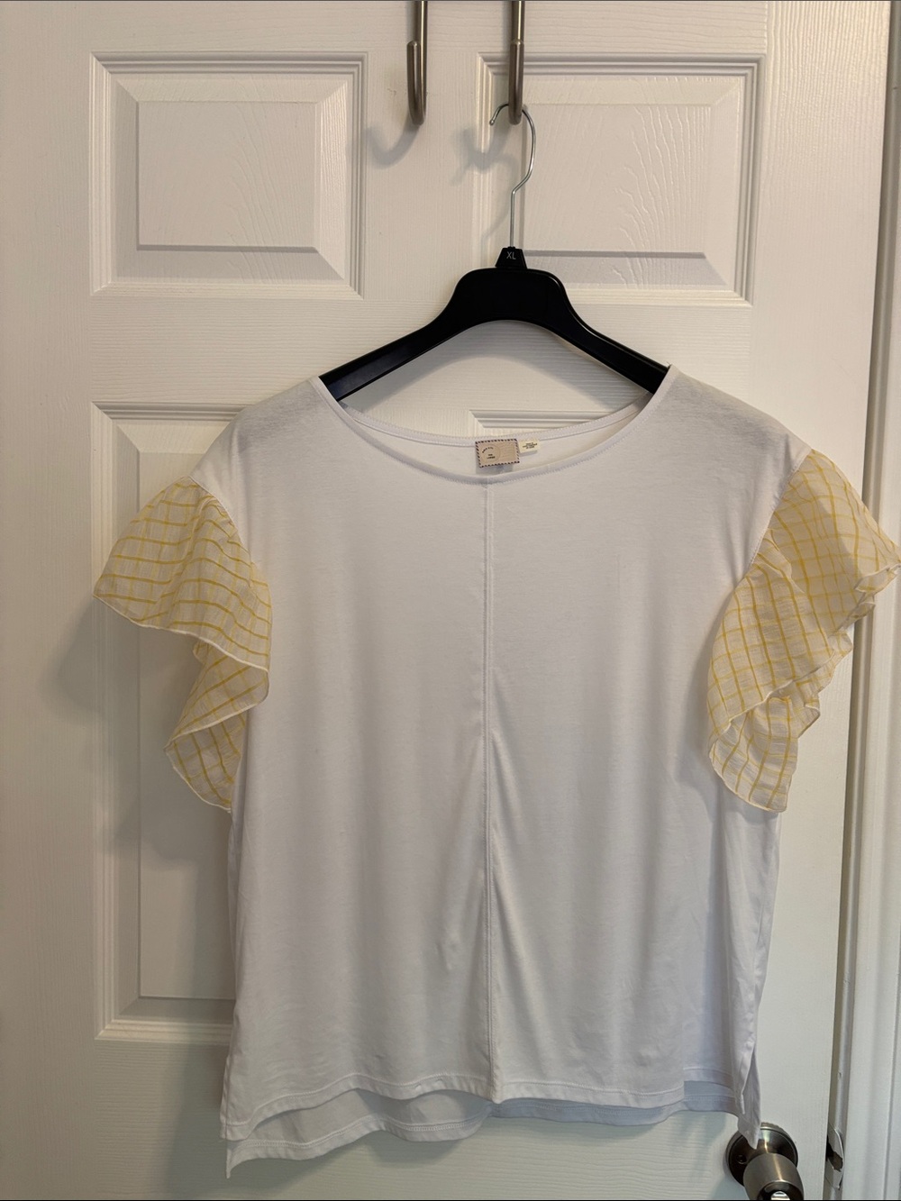 Anthropologie White Tee with Yellow Checked Ruffle Sleeves w114